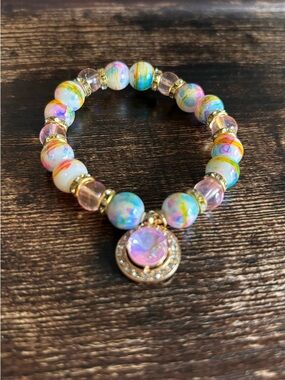 Multicolor Pastel Beaded Stretch Bracelet with Iridescent Charm
